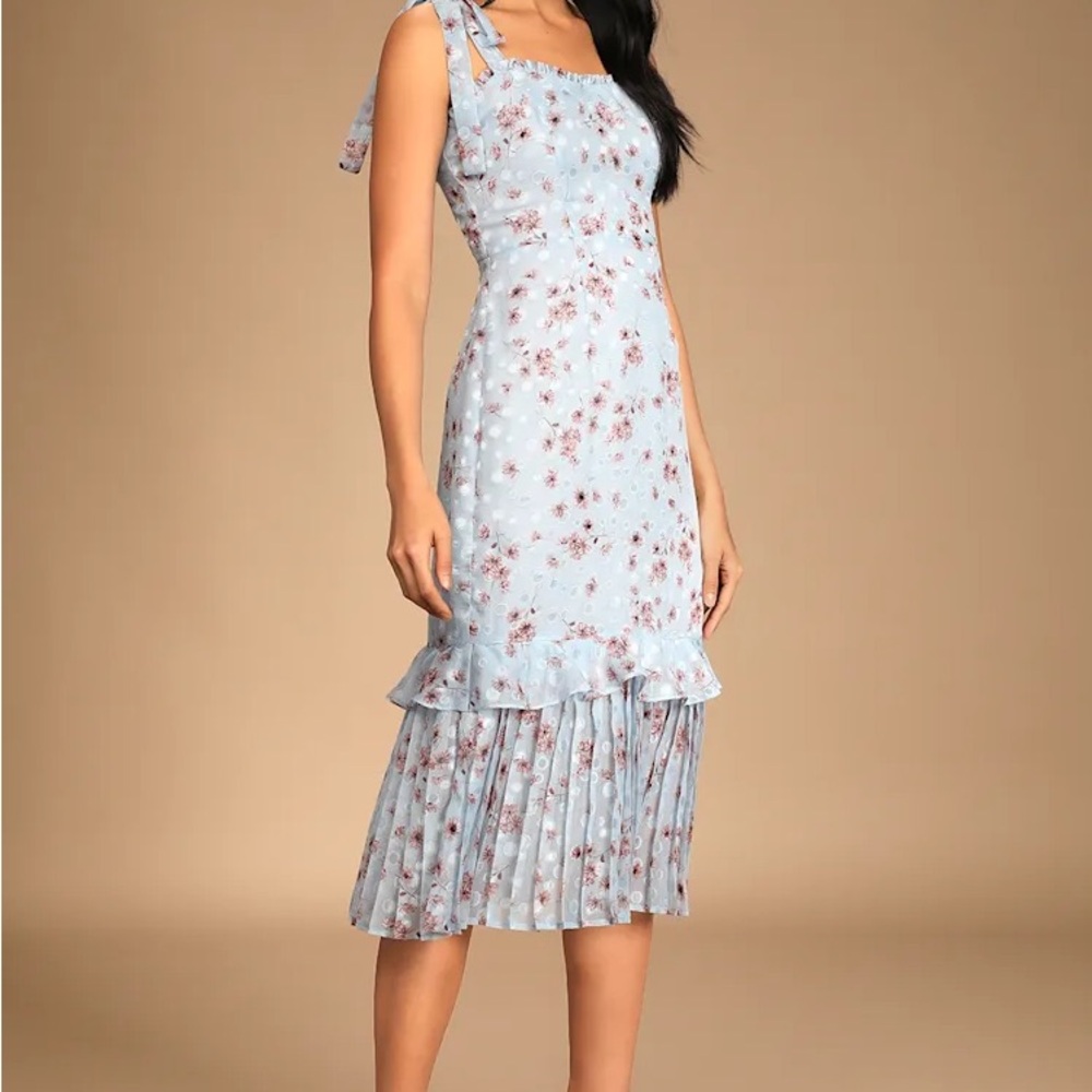 Light Blue Floral Tie-Shoulder Midi Dress